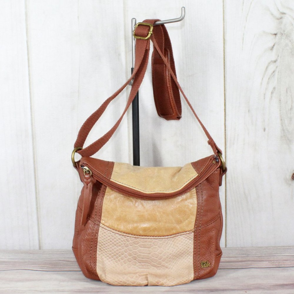 The Sak Brown Colorblock Snakeskin Leather Slouch Boho Crossbody Shoulder Bag - Picture 1 of 12